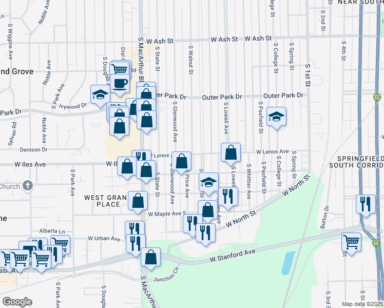 map of restaurants, bars, coffee shops, grocery stores, and more near 2598 S Walnut St in Springfield
