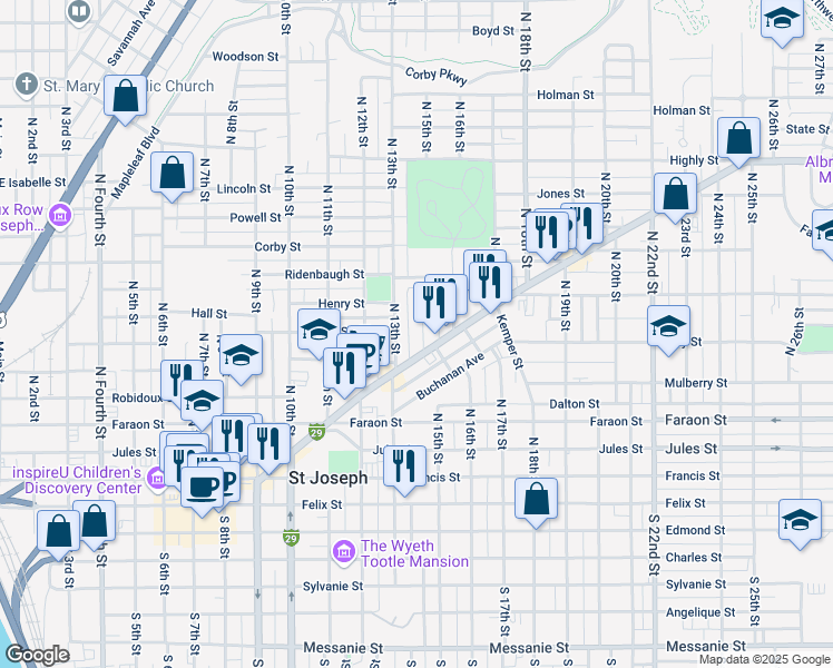 map of restaurants, bars, coffee shops, grocery stores, and more near 1316 Frederick Avenue in Saint Joseph