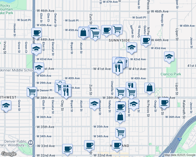 map of restaurants, bars, coffee shops, grocery stores, and more near 3923 Wyandot Street in Denver