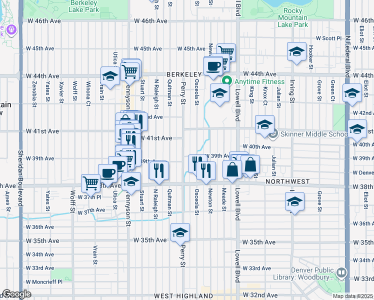 map of restaurants, bars, coffee shops, grocery stores, and more near 3880 Perry Street in Denver