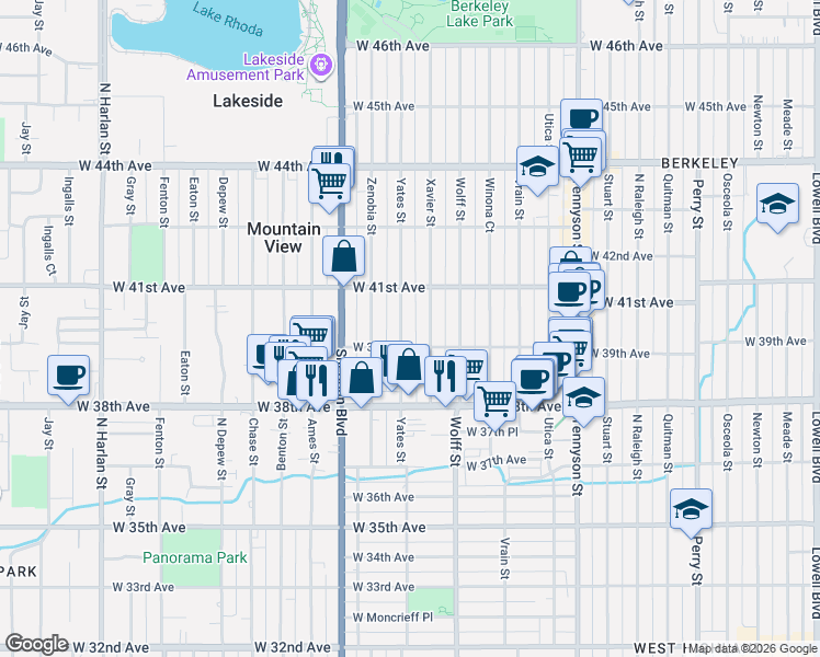 map of restaurants, bars, coffee shops, grocery stores, and more near 3895 Yates Street in Denver