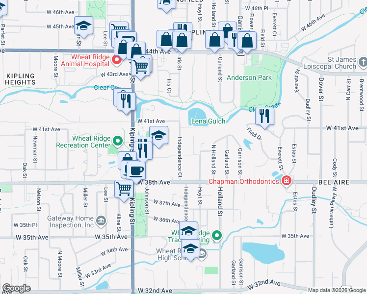 map of restaurants, bars, coffee shops, grocery stores, and more near 3894 Independence Court in Wheat Ridge