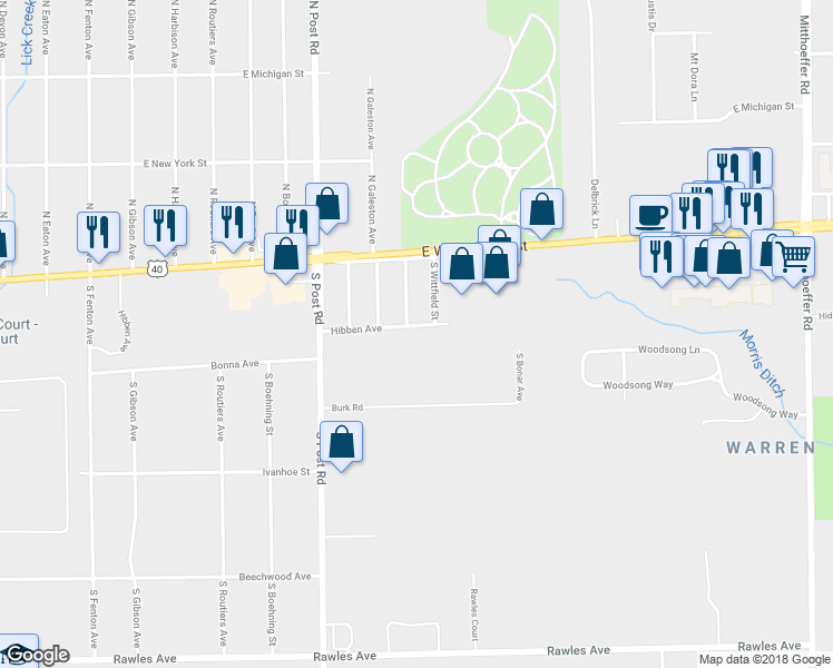 map of restaurants, bars, coffee shops, grocery stores, and more near 9310 Burk Road in Indianapolis