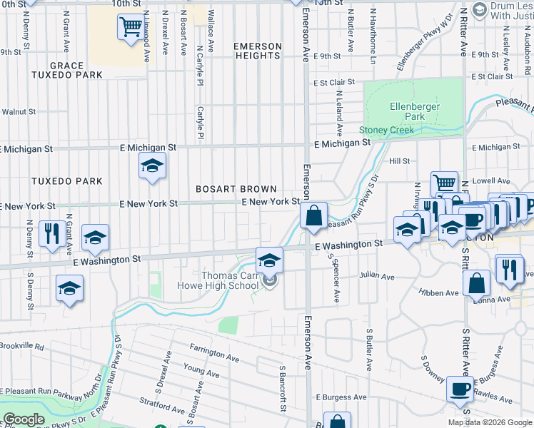 map of restaurants, bars, coffee shops, grocery stores, and more near 5040 East Pleasant Run Parkway North Drive in Indianapolis