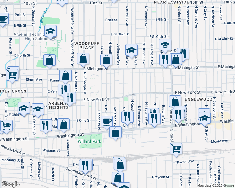 map of restaurants, bars, coffee shops, grocery stores, and more near 245 Jefferson Avenue in Indianapolis