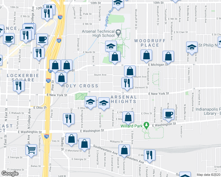 map of restaurants, bars, coffee shops, grocery stores, and more near 1421 East New York Street in Indianapolis