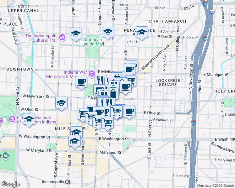 map of restaurants, bars, coffee shops, grocery stores, and more near in Indianapolis