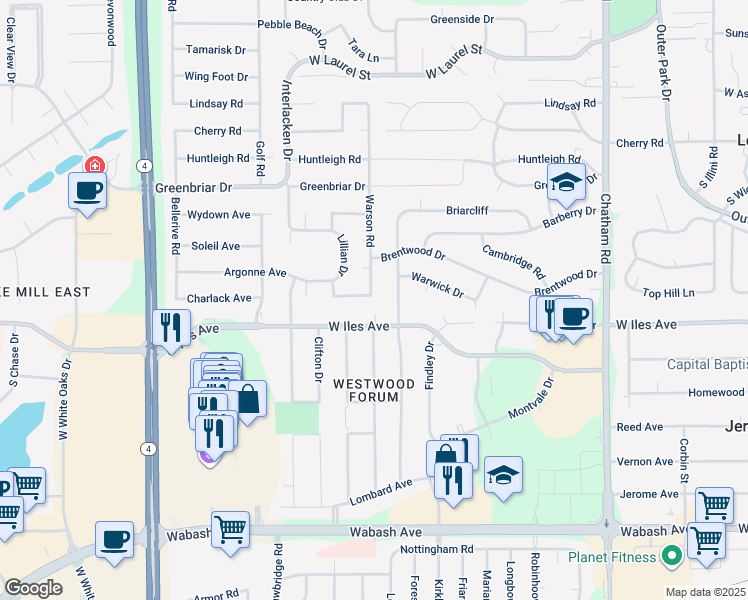 map of restaurants, bars, coffee shops, grocery stores, and more near 2207 West Iles Avenue in Springfield