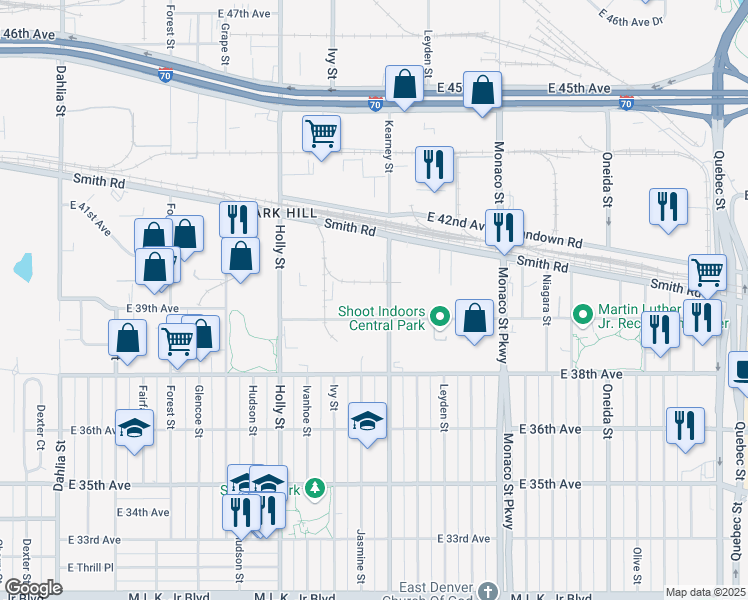 map of restaurants, bars, coffee shops, grocery stores, and more near 3939 Kearney Street in Denver