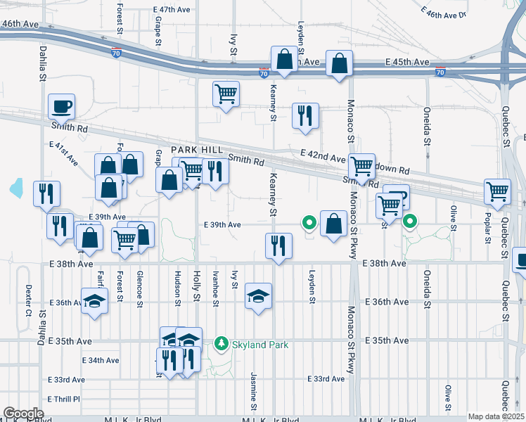 map of restaurants, bars, coffee shops, grocery stores, and more near 3939 Kearney Street in Denver