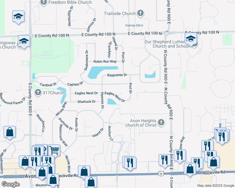 map of restaurants, bars, coffee shops, grocery stores, and more near 8654 Eagles Nest Drive in Avon