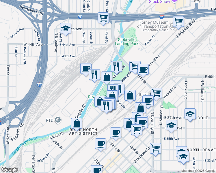 map of restaurants, bars, coffee shops, grocery stores, and more near in Denver