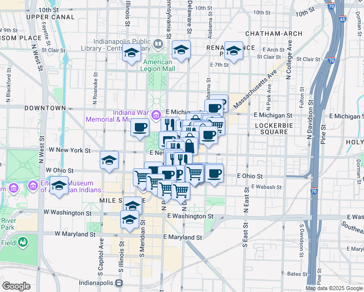 map of restaurants, bars, coffee shops, grocery stores, and more near 152 East New York Street in Indianapolis