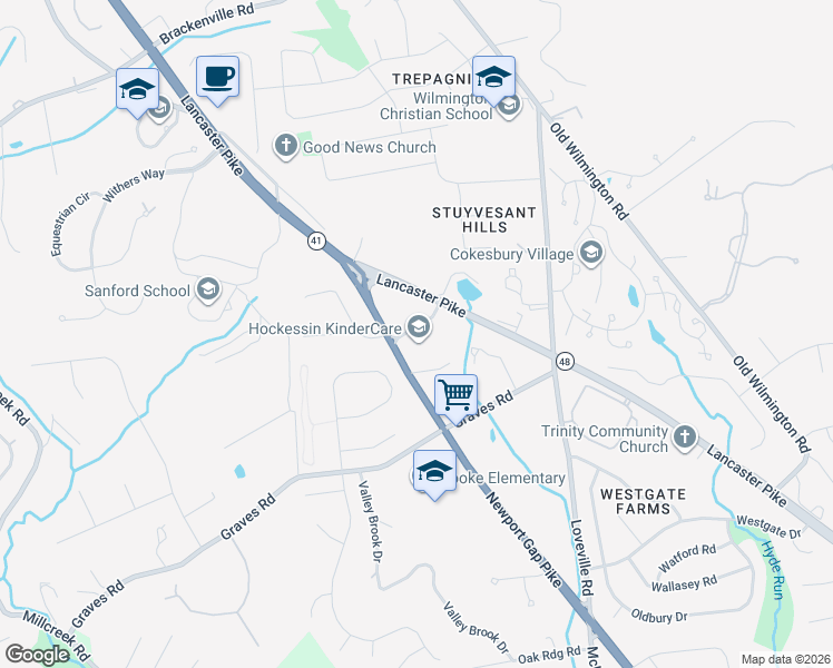 map of restaurants, bars, coffee shops, grocery stores, and more near 213 Valley Lane in Hockessin