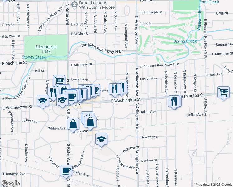 map of restaurants, bars, coffee shops, grocery stores, and more near in Indianapolis