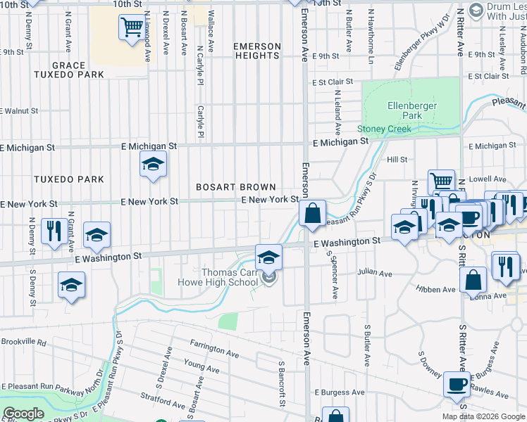 map of restaurants, bars, coffee shops, grocery stores, and more near 5040 East Pleasant Run Parkway North Drive in Indianapolis