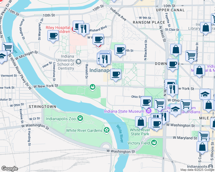 map of restaurants, bars, coffee shops, grocery stores, and more near 420 University Boulevard in Indianapolis
