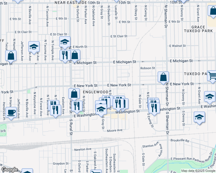 map of restaurants, bars, coffee shops, grocery stores, and more near 317 North Dearborn Street in Indianapolis