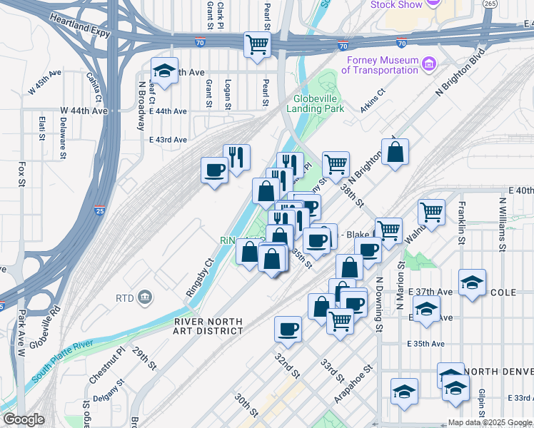 map of restaurants, bars, coffee shops, grocery stores, and more near 3500 Chestnut Place in Denver