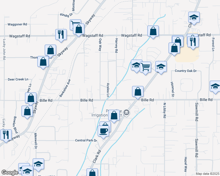 map of restaurants, bars, coffee shops, grocery stores, and more near 6234 Azalea Lane in Paradise