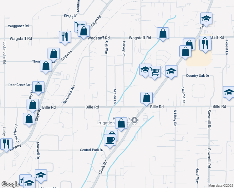 map of restaurants, bars, coffee shops, grocery stores, and more near 6265 Azalea Lane in Paradise