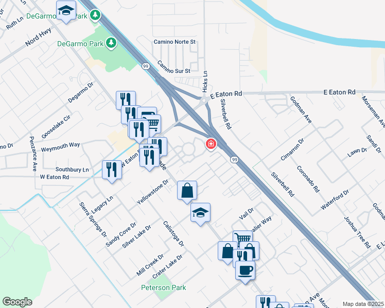 map of restaurants, bars, coffee shops, grocery stores, and more near 75 Declaration Drive in Chico
