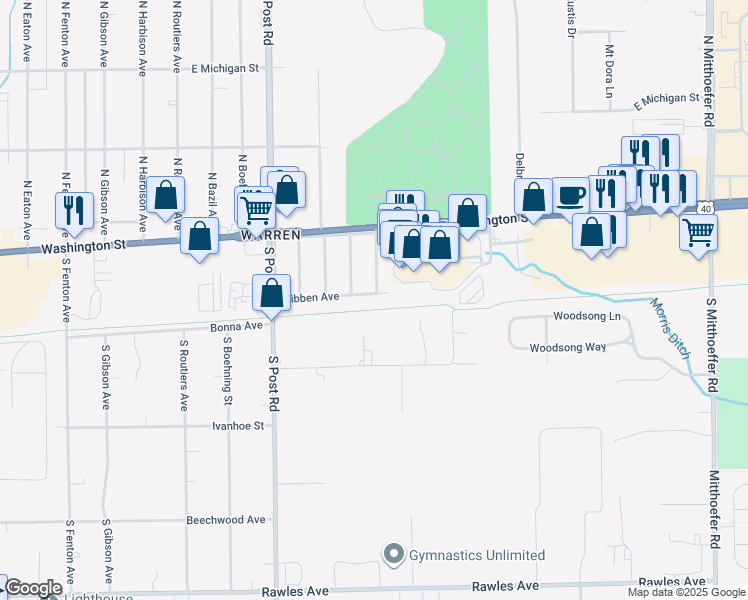 map of restaurants, bars, coffee shops, grocery stores, and more near 9197 Hibben Avenue in Indianapolis