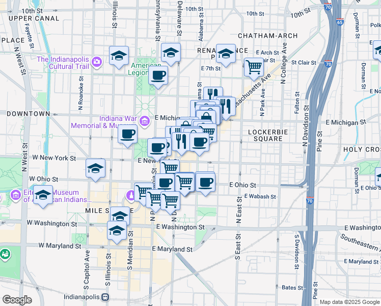 map of restaurants, bars, coffee shops, grocery stores, and more near 412 North Alabama Street in Indianapolis