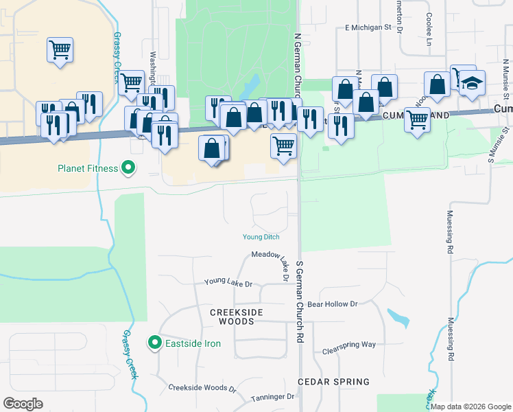 map of restaurants, bars, coffee shops, grocery stores, and more near 10916 President Circle in Indianapolis