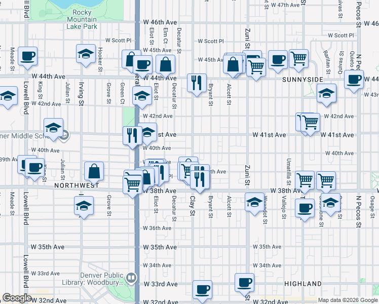 map of restaurants, bars, coffee shops, grocery stores, and more near 4017 Clay Street in Denver