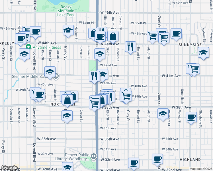 map of restaurants, bars, coffee shops, grocery stores, and more near 4030 Federal Boulevard in Denver