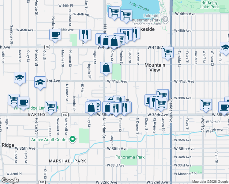map of restaurants, bars, coffee shops, grocery stores, and more near 5910 West 41st Avenue in Wheat Ridge