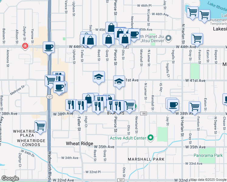 map of restaurants, bars, coffee shops, grocery stores, and more near 4070 Pierce Street in Wheat Ridge