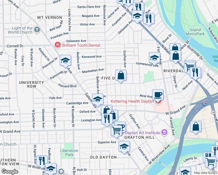 map of restaurants, bars, coffee shops, grocery stores, and more near 210 Richmond Avenue in Dayton