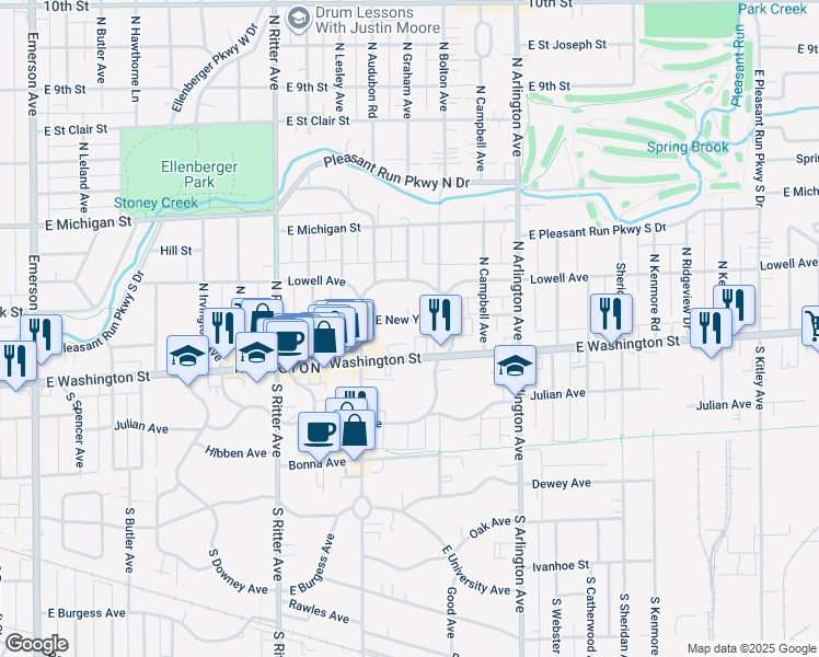 map of restaurants, bars, coffee shops, grocery stores, and more near 5760 East New York Street in Indianapolis