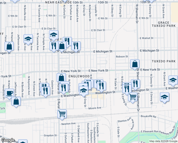 map of restaurants, bars, coffee shops, grocery stores, and more near 317 North Dearborn Street in Indianapolis