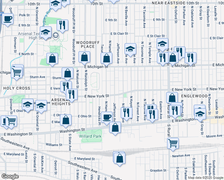 map of restaurants, bars, coffee shops, grocery stores, and more near 349 Jefferson Avenue in Indianapolis