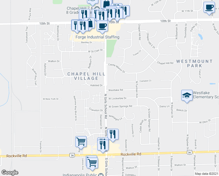 map of restaurants, bars, coffee shops, grocery stores, and more near 431 North Girls School Road in Indianapolis