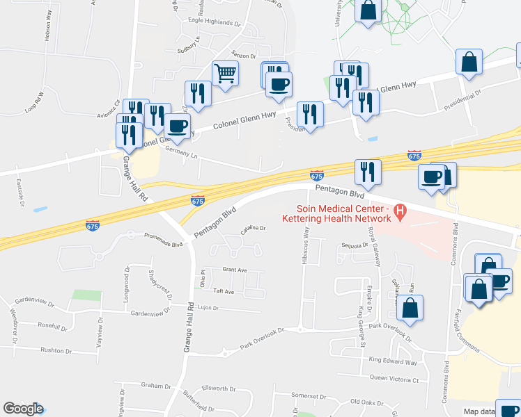 map of restaurants, bars, coffee shops, grocery stores, and more near 3775 Pentagon Boulevard in Dayton