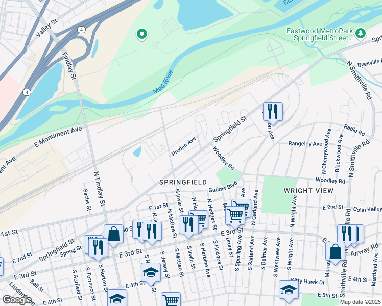 map of restaurants, bars, coffee shops, grocery stores, and more near 945 Pruden Avenue in Dayton