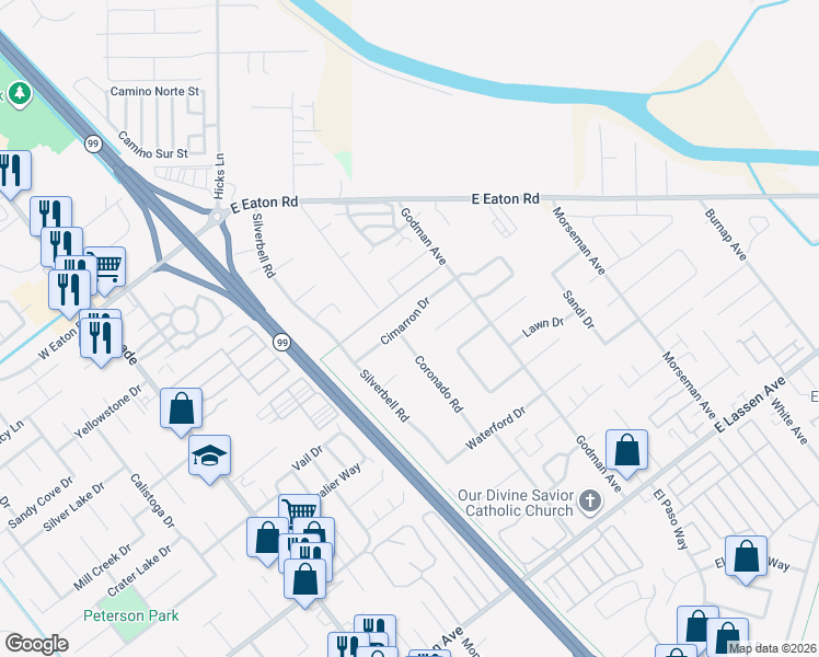 map of restaurants, bars, coffee shops, grocery stores, and more near 560 Cimarron Drive in Chico