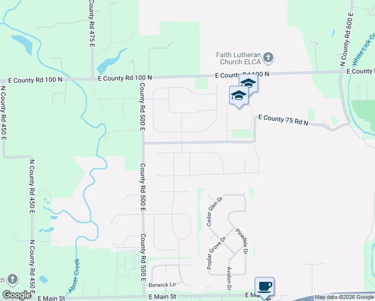 map of restaurants, bars, coffee shops, grocery stores, and more near 5149 East County 75 Road North in Avon