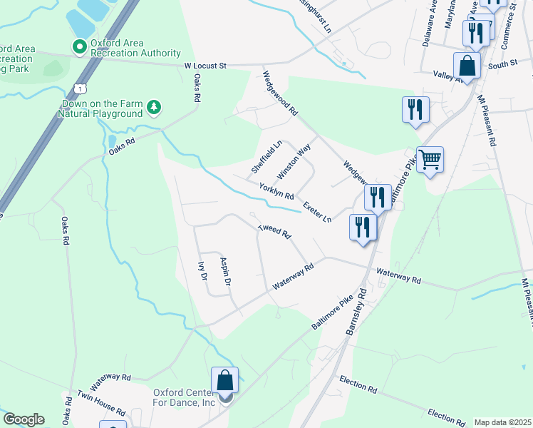 map of restaurants, bars, coffee shops, grocery stores, and more near 138 Tweed Road in Oxford
