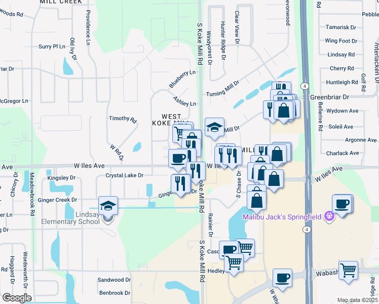 map of restaurants, bars, coffee shops, grocery stores, and more near 3225 West Iles Avenue in Springfield