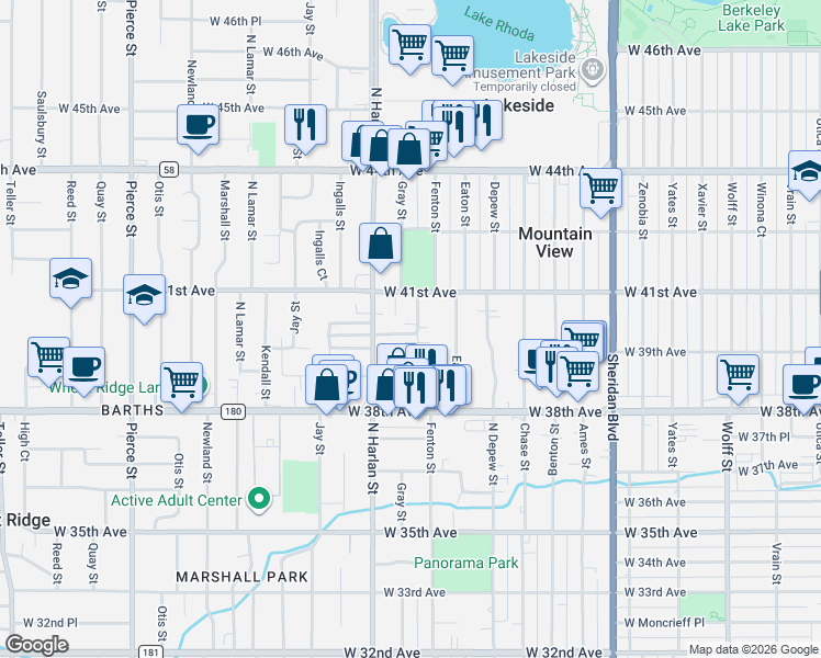 map of restaurants, bars, coffee shops, grocery stores, and more near 5910 West 41st Avenue in Wheat Ridge