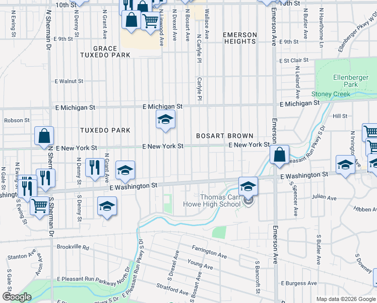 map of restaurants, bars, coffee shops, grocery stores, and more near 307 North Drexel Avenue in Indianapolis