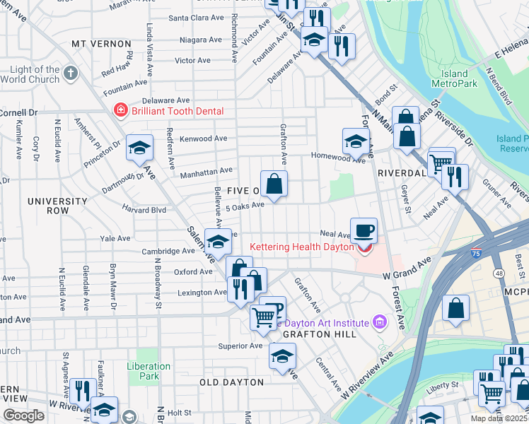 map of restaurants, bars, coffee shops, grocery stores, and more near 204 Wroe Avenue in Dayton