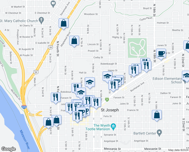 map of restaurants, bars, coffee shops, grocery stores, and more near 701 North 9th Street in Saint Joseph