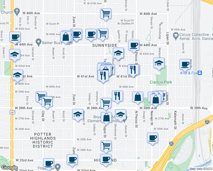 map of restaurants, bars, coffee shops, grocery stores, and more near 4000 Tejon Street in Denver