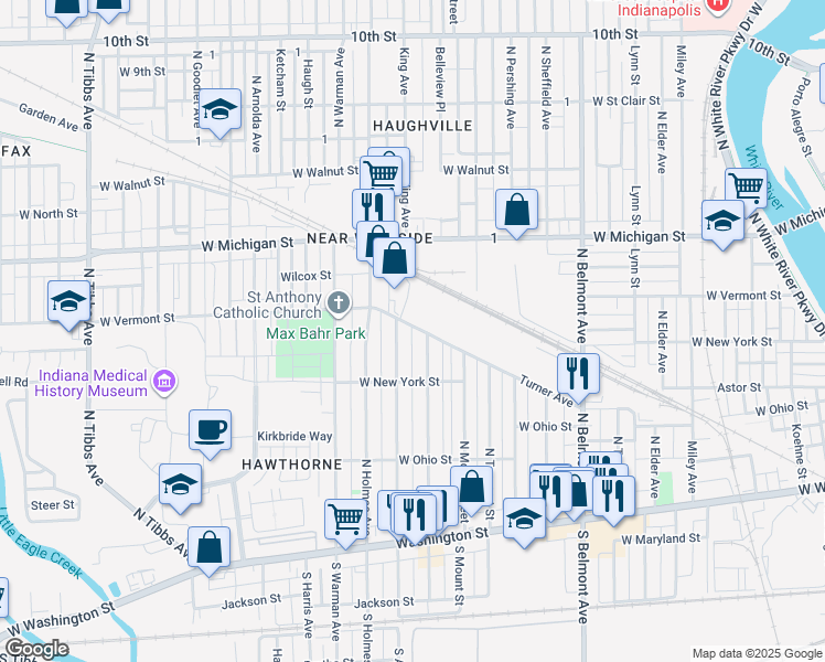 map of restaurants, bars, coffee shops, grocery stores, and more near 2511 Turner Avenue in Indianapolis